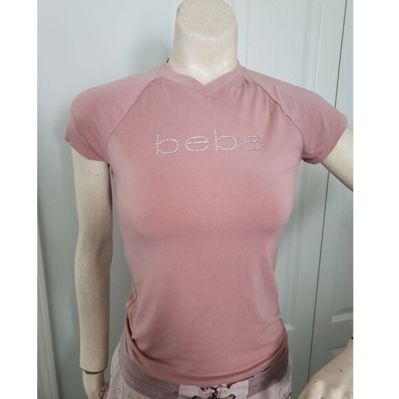 Y2K Bebe Pink Blush Rhinestone Girly Coquette Short Sleeve T-Shirt Small - Picture 1 of 9
